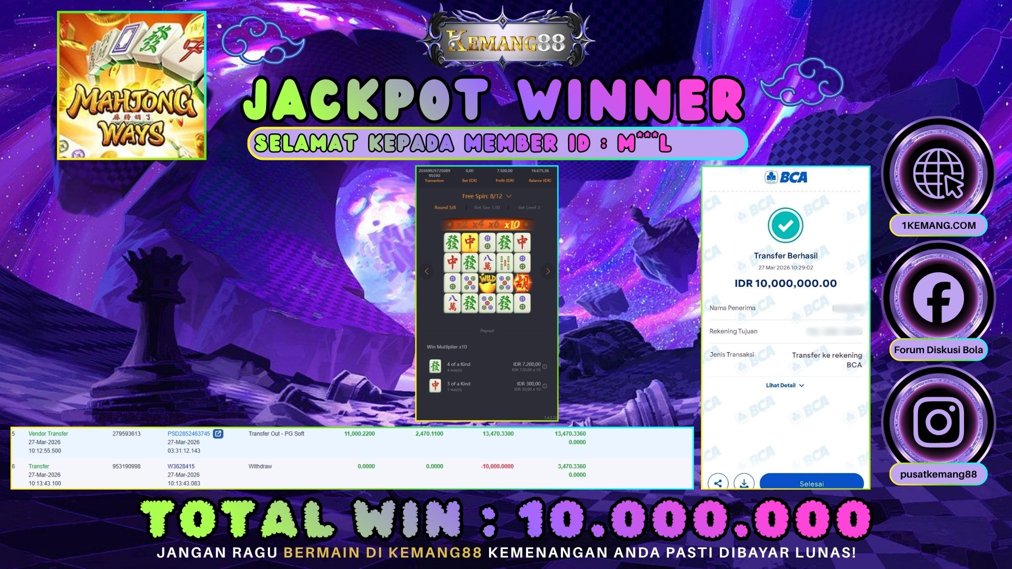 KEMANG88 [27 Maret 2026] : JACKPOT SLOT : MAHJONG WAYS 1 [PG] Rp. 10.000.000.,- LUNAS [2]